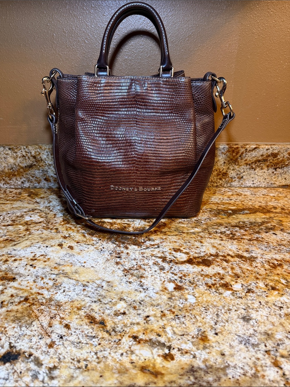 Dooney & Bourke Dark Brown Textured Leather Satchel with Detachable Strap
